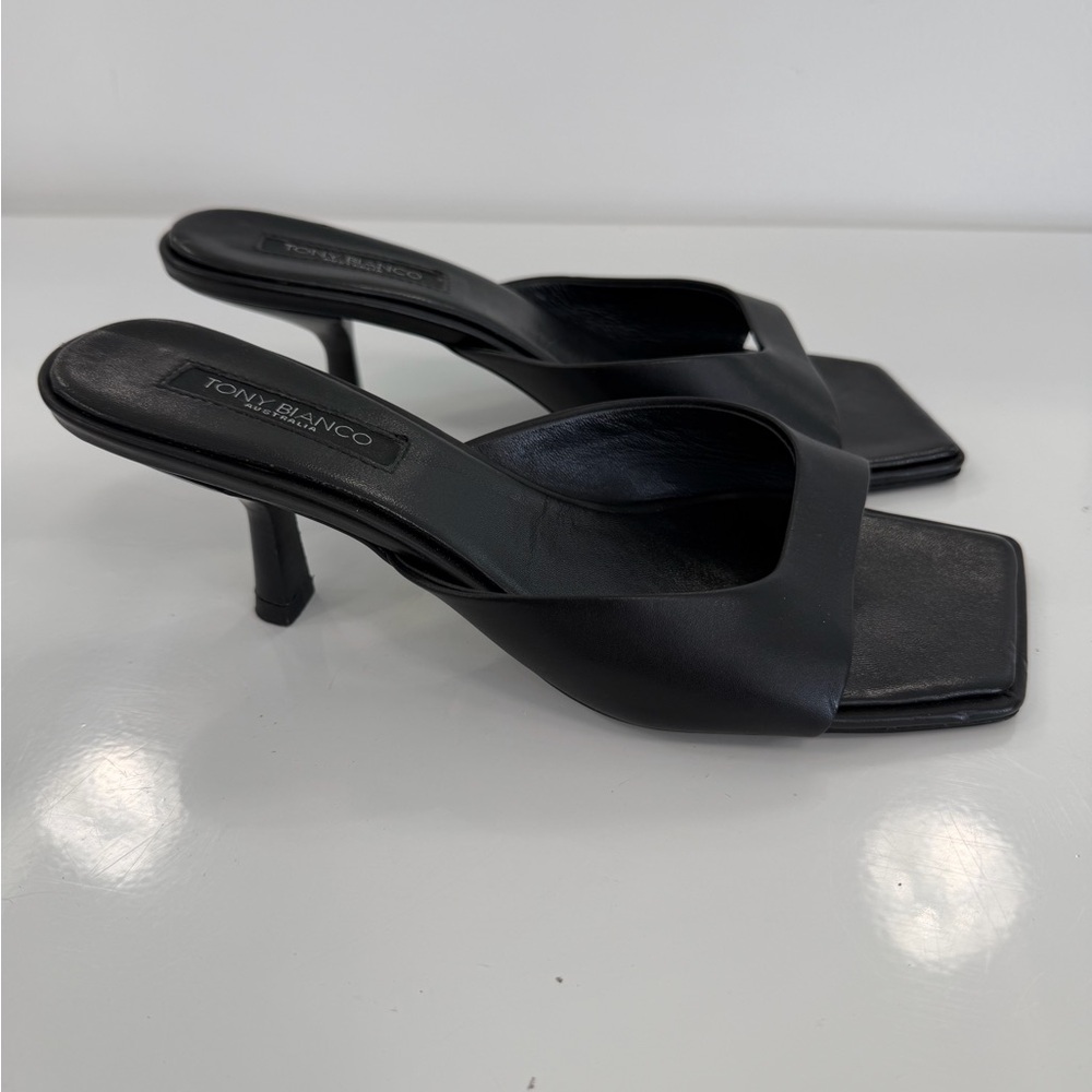 Tony Bianco Black Leather Square Toe Kitten Heels - Picture 4 of 9